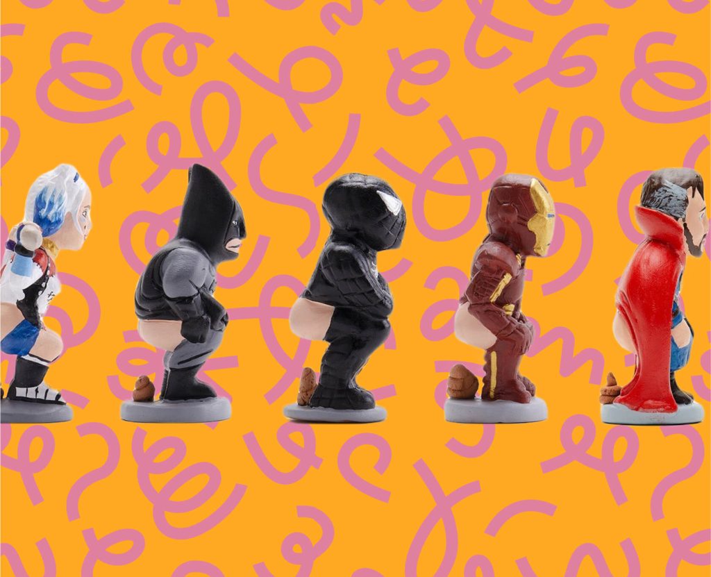 Funny Catalan caganer figurines in superhero costumes on a bright background