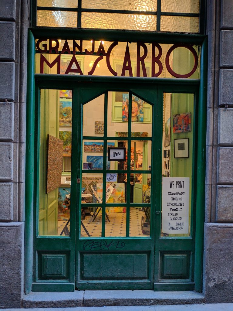 Small art and print shop entrance in Barcelona