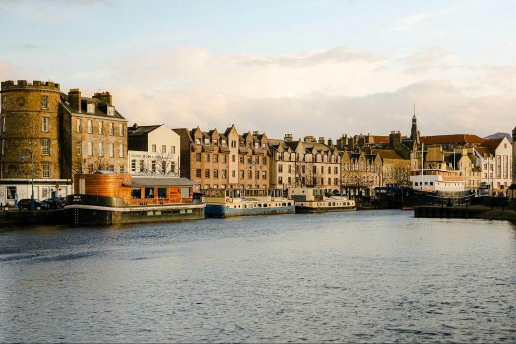 Leith waterfront with historic buildings and boats