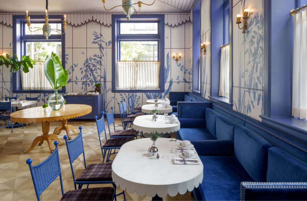 Salon-style lounge with French-inspired interior design