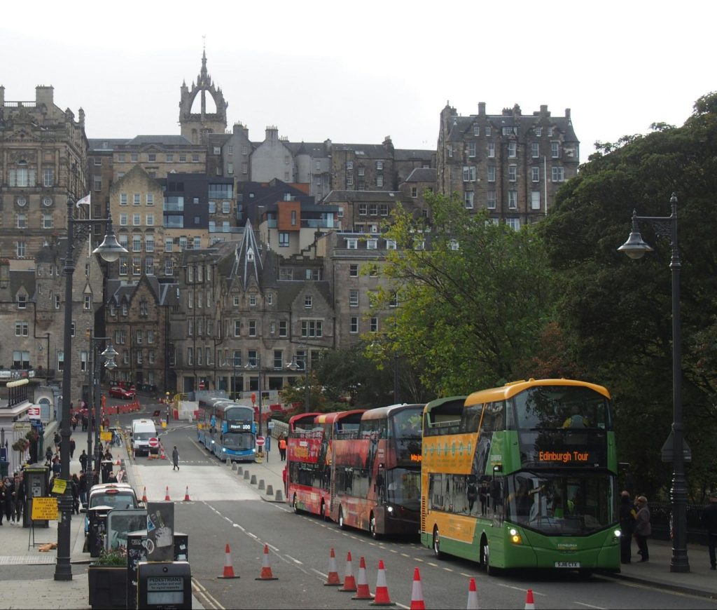 Double-decker buses near Edinburgh Old Town streets