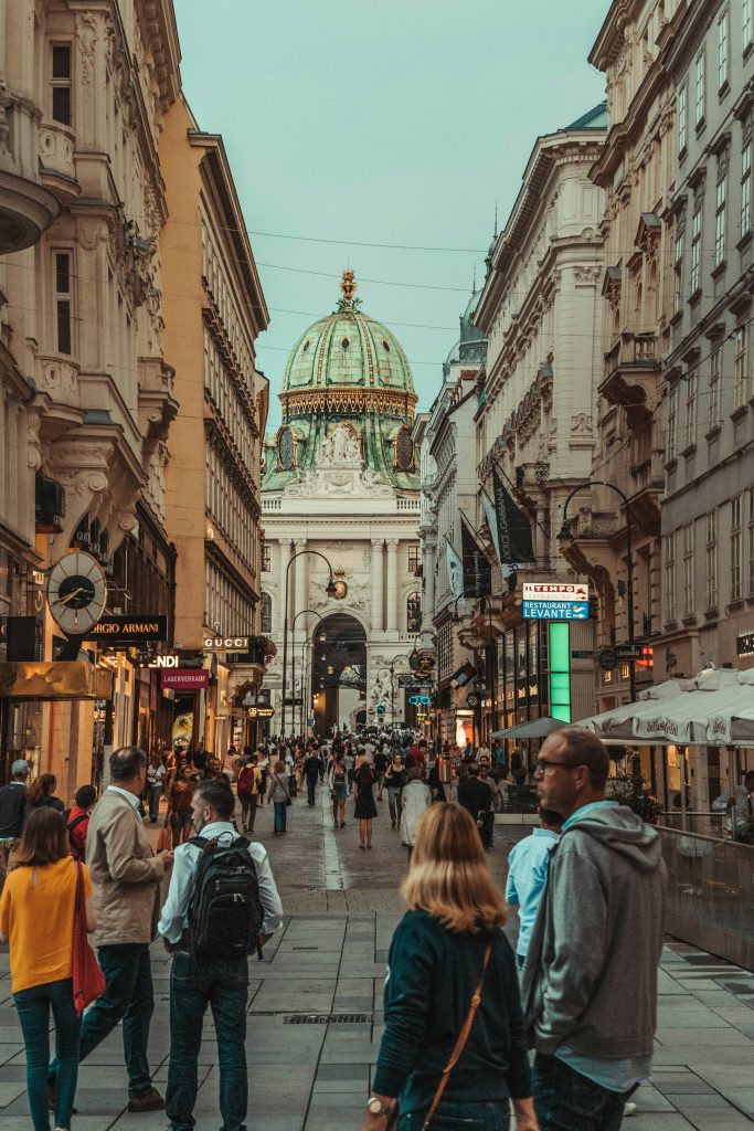 Historic street in central Vienna with busy pedestrian area