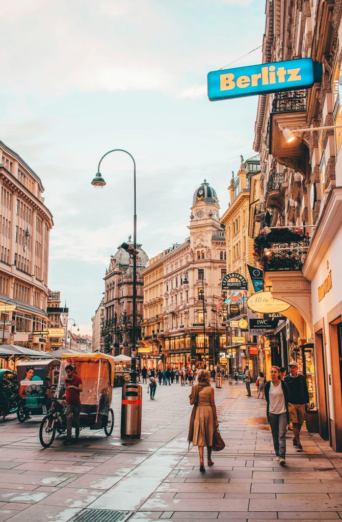 Pedestrian street in central Vienna at sunset