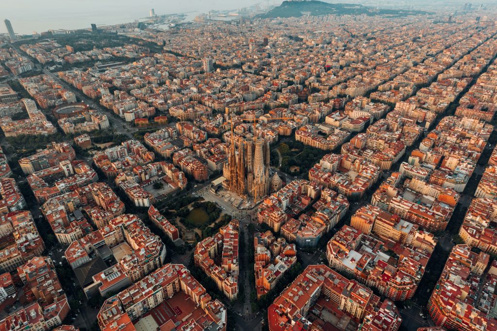 Aerial view of Barcelona: Sagrada Família and the Eixample district at sunset