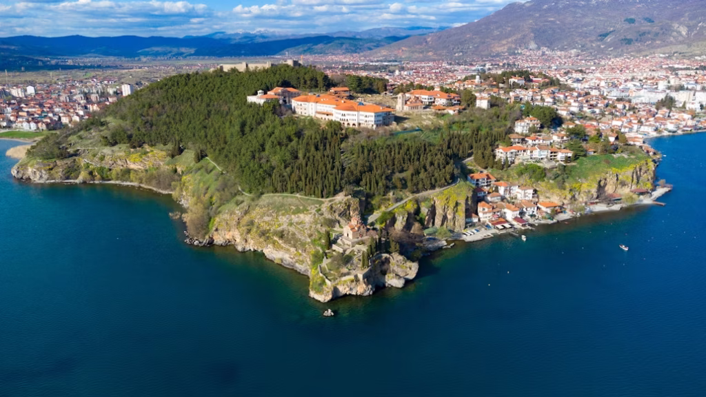 Aerial view of Ohrid Old Town and Church of St. John at Kaneo above Lake Ohrid