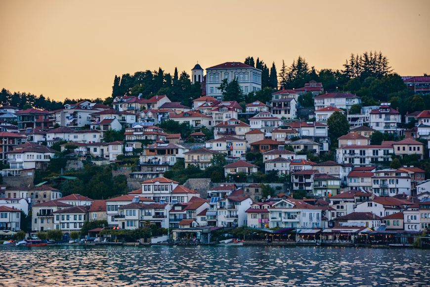 Ohrid Old Town houses along Lake Ohrid at sunset