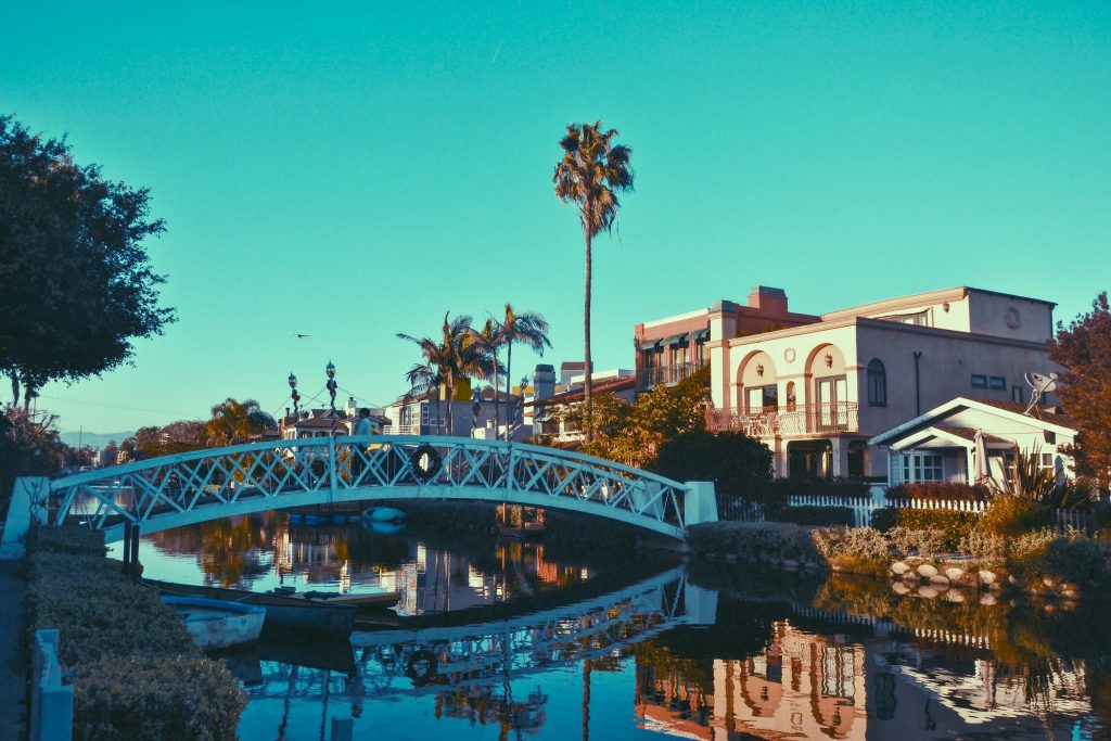 Venice Canal historic houses and pedestrian bridge in Los Angeles