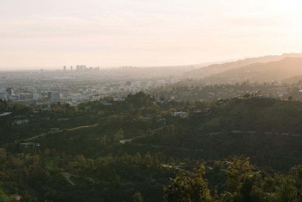 Panoramic view of Los Angeles skyline from hills