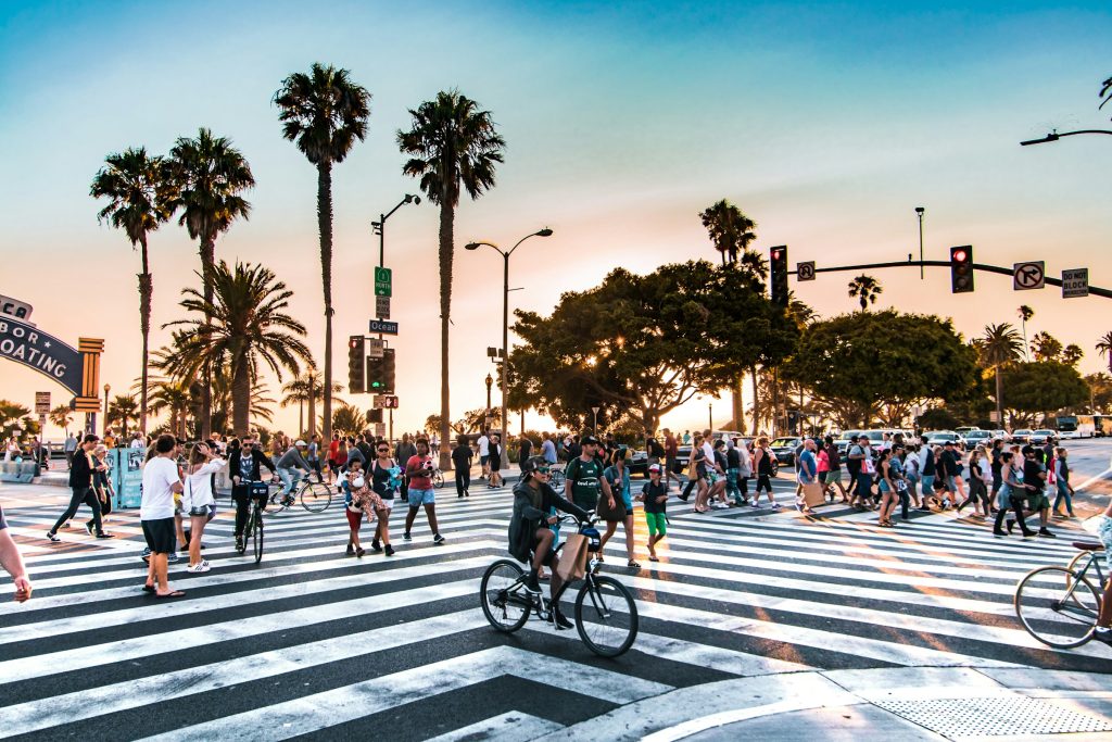 Crowds crossing near Santa Monica beach and pier