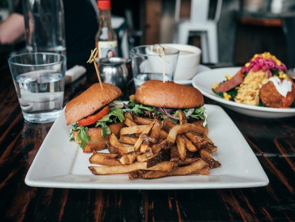 Burger and fries served at casual diner restaurant