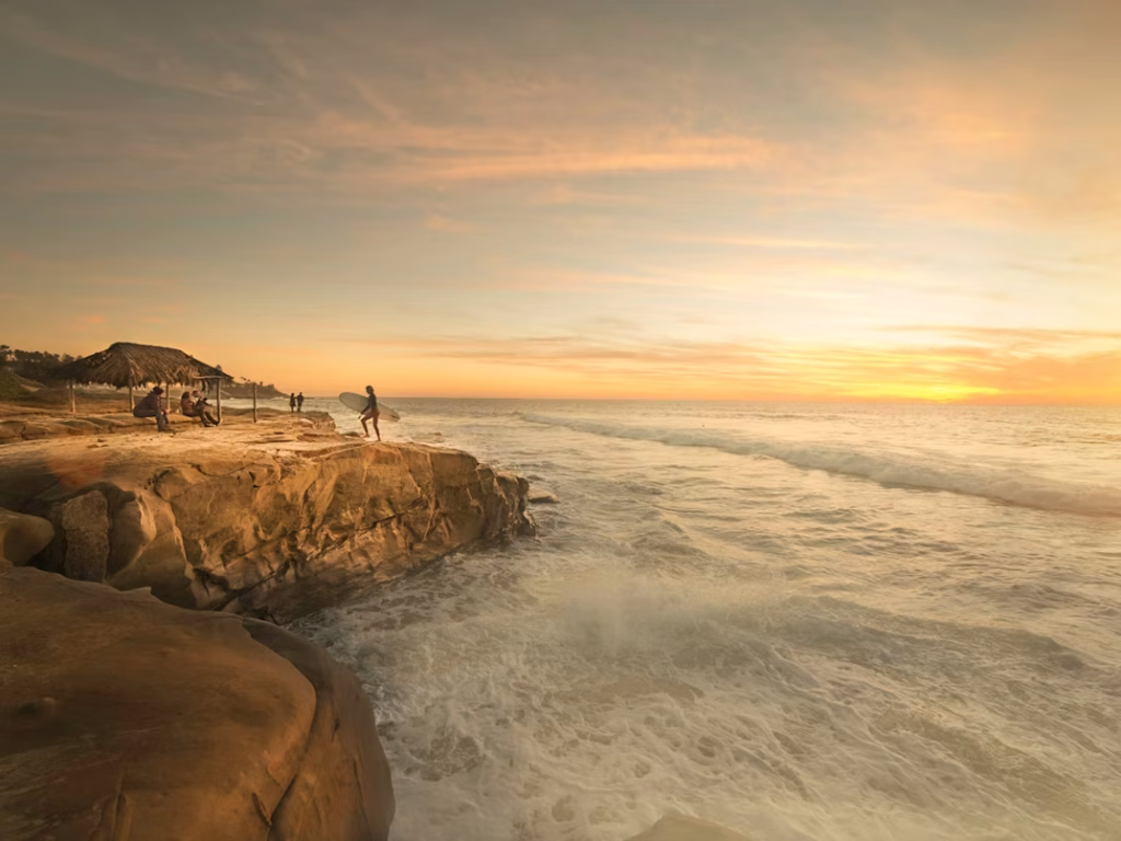 San Diego coastal cliffs with ocean waves at sunset