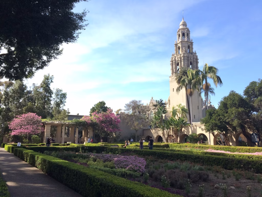 Balboa Park gardens and California Tower in San Diego spring