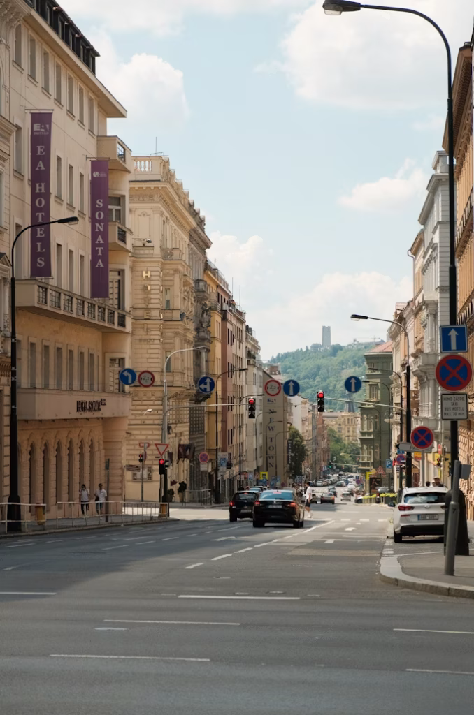 Street with budget hotels and apartments in Prague neighborhood