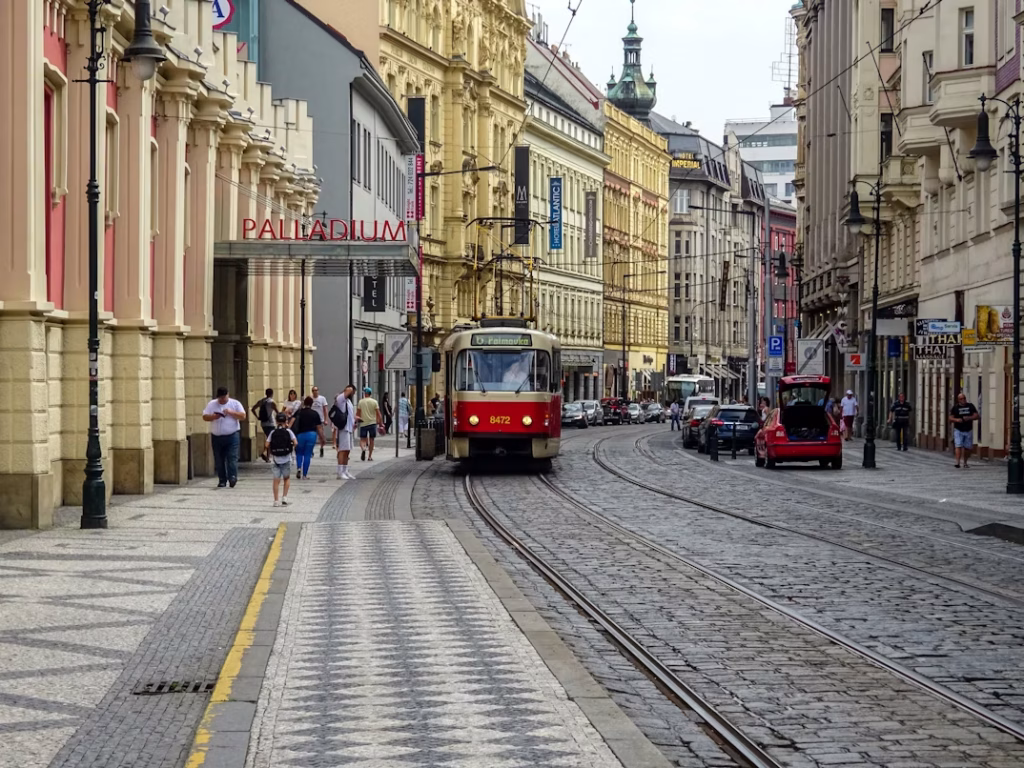 Prague tram traveling through historic city street