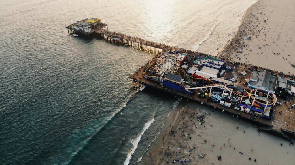 Aerial view of Santa Monica Pier and beach