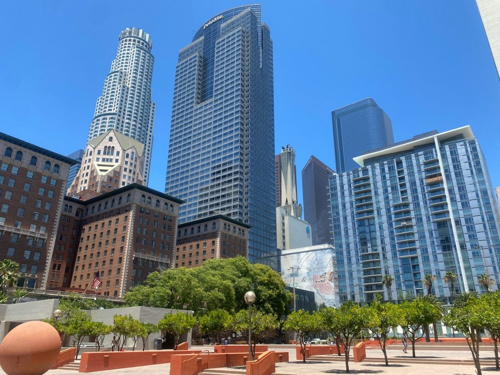 Downtown Los Angeles skyline with modern and historic buildings